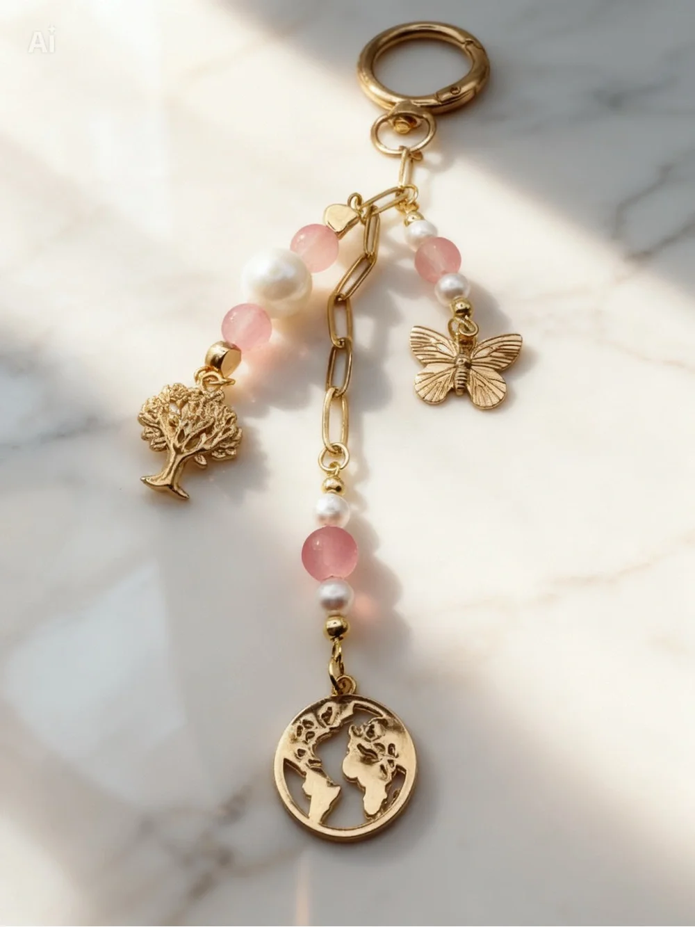 Gold Keychain with Pink Beads & Earth, Tree & Butterfly Charms